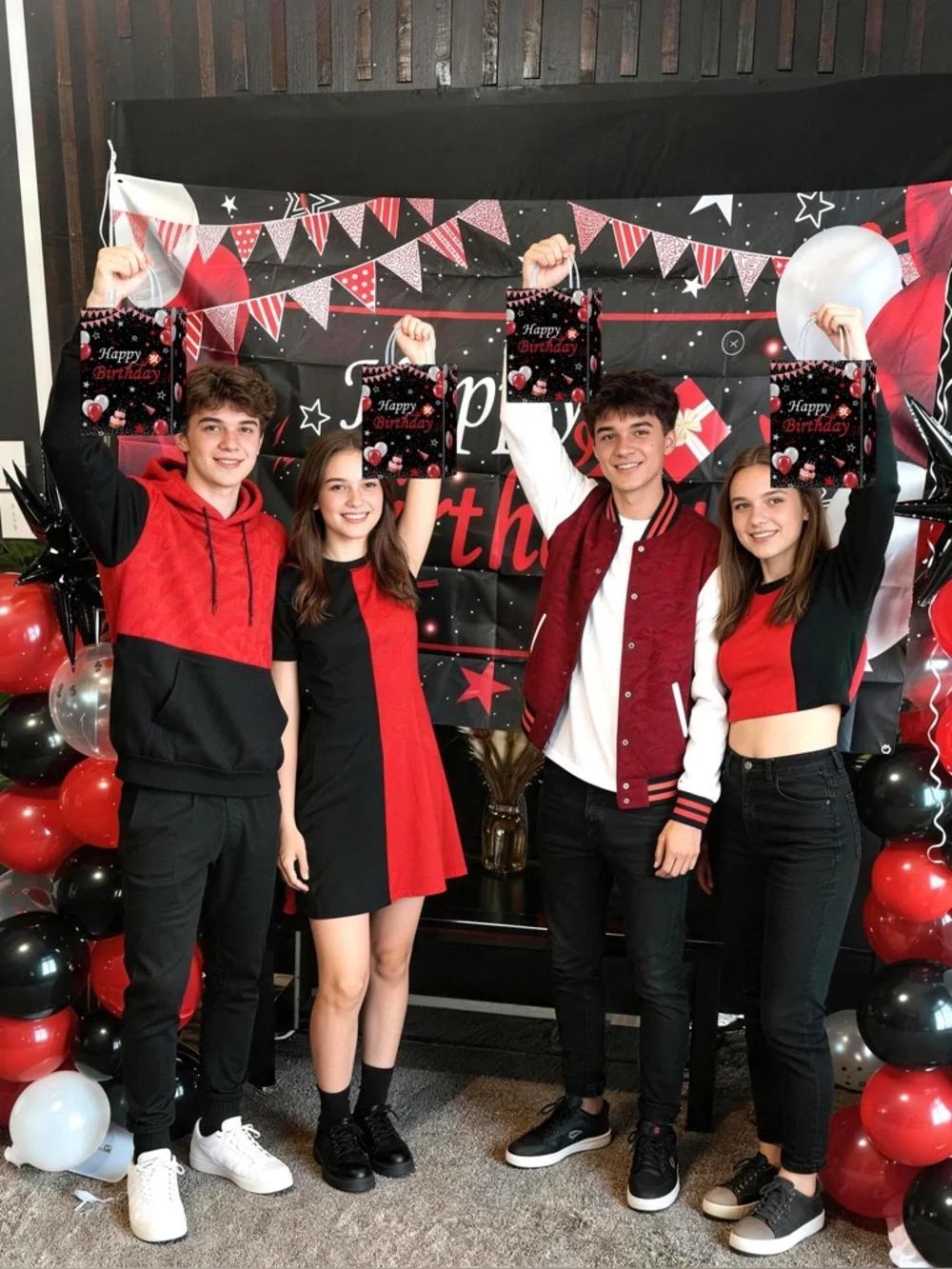 Happy Birthday Gift Bags - Black with Red & Silver Balloons